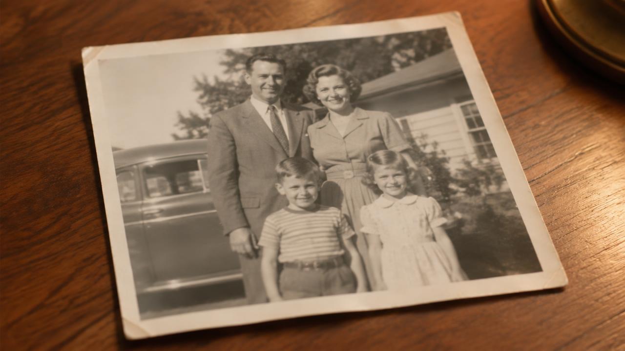 A gathered photograph resting on a wooden table